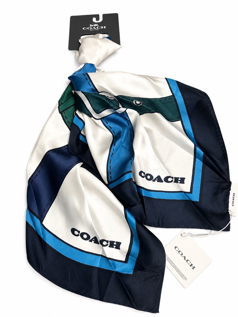 Coach Trompe L’oeil Leather Belt Print Silk Square Scarf Blue Teal White NWT 35”